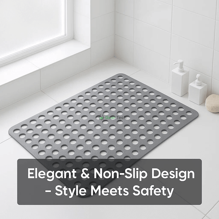 Non-slip shower mat with suction cups, textured for comfort, mold-resistant, in blue, green, grey; enhances bathroom safety.