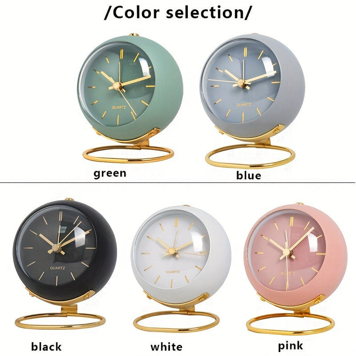 Stylish Nordic desk clock, silent, with glow-in-the-dark hands & sleek metal frame for tabletop.