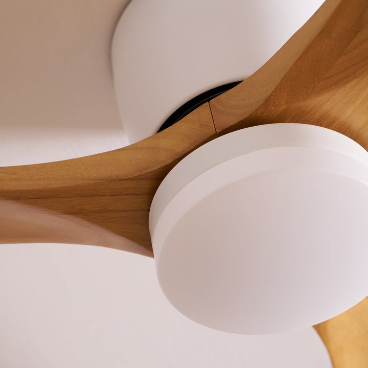 Atmospheric Nordic wooden ceiling fan with dimmable LED light. Remote adjusts speed & brightness.