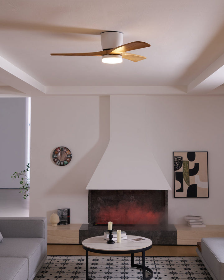 Zen-inspired Nordic wooden ceiling fan light with remote control. Creates a serene and airy space.