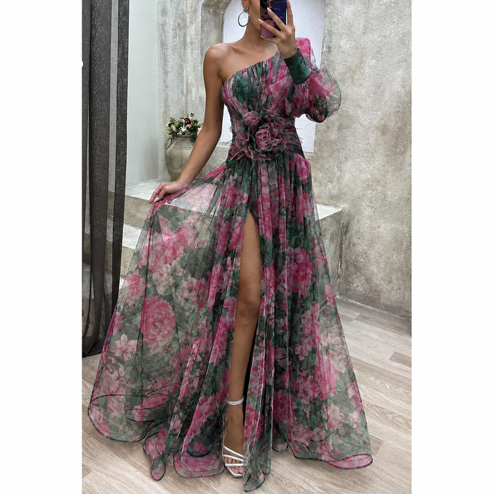 Women's asymmetrical floral maxi dress, an elegant choice for evening parties & formal summer events.