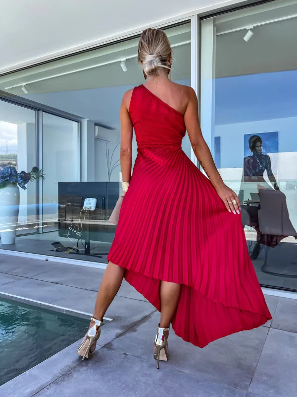 Sophisticated pleated maxi dress for women. Ideal for wedding guests, formal events, and elegant parties.