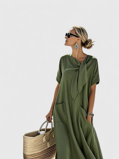 Comfortable & elegant women's summer midi dress with a flattering tie neck and functional pockets.