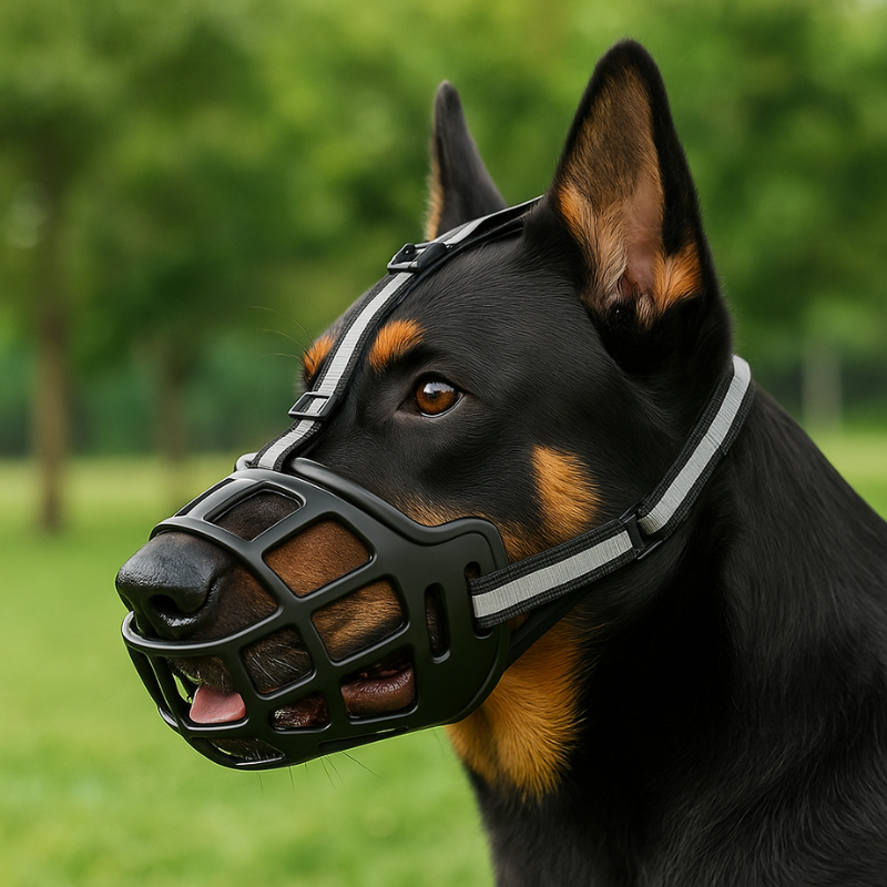Nylon & ABS plastic dog training muzzle with reflective strap for gentle control & safer walks. Adjustable & breathable.