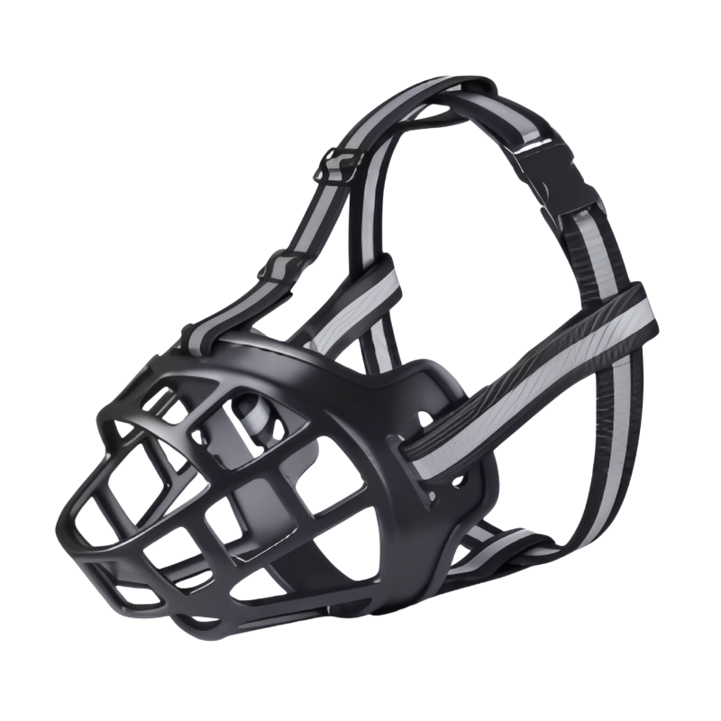 Durable nylon dog training muzzle with ABS plastic, reflective strap. Provides gentle control for safe, anti-bark walks.