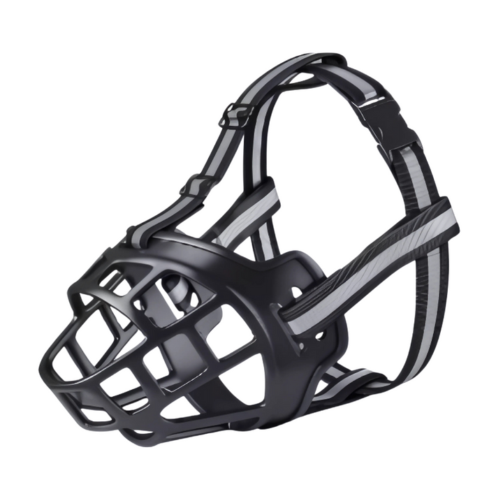 Durable nylon dog training muzzle with ABS plastic, reflective strap. Provides gentle control for safe, anti-bark walks.
