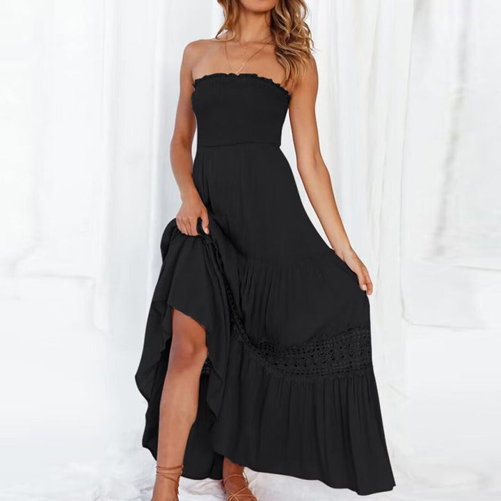 Stylish women's strapless high-low maxi dress for effortless summer style, suitable for both casual & elegant events.