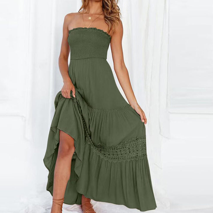 Elegant women's strapless high-low maxi dress with flowy skirt, perfect for summer occasions & casual wear.