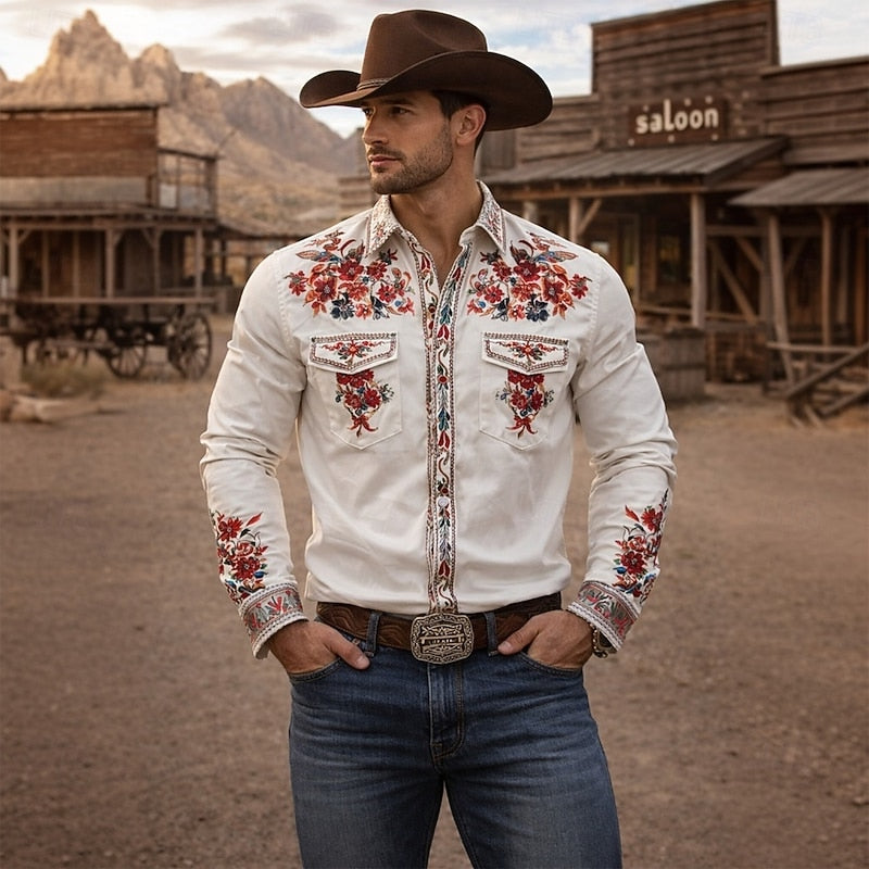 Pink men's embroidered western shirt, long sleeve, with classic stitching. Ideal for a timeless casual or western look.