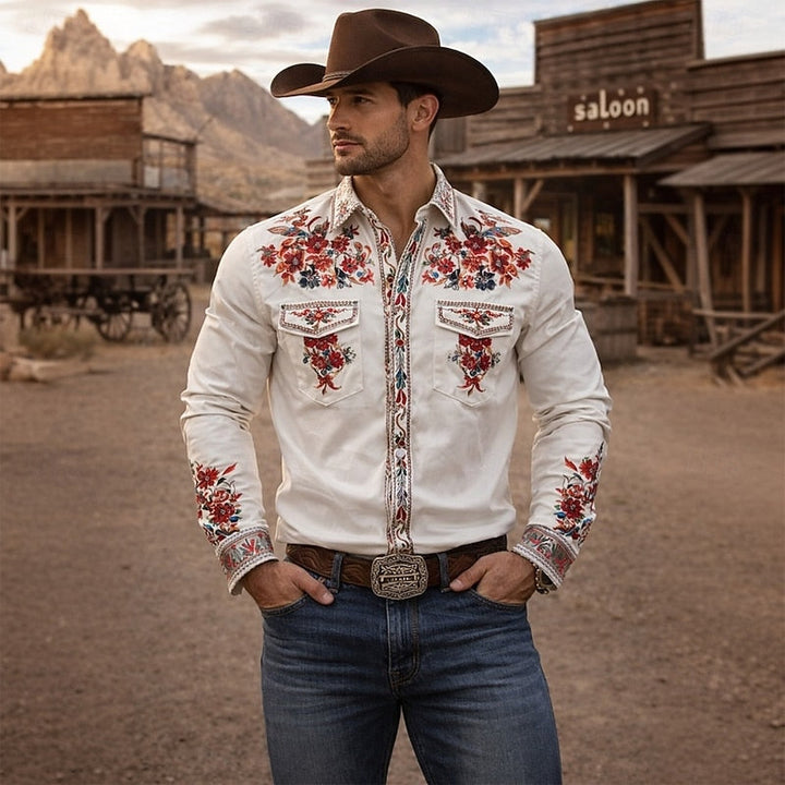 Pink men's embroidered western shirt, long sleeve, with classic stitching. Ideal for a timeless casual or western look.