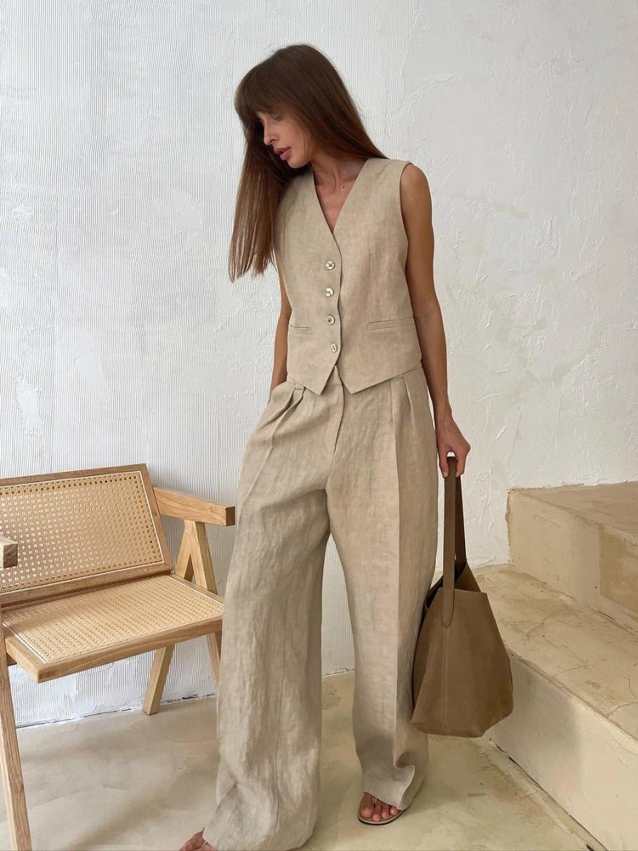 Women's two-piece set: sleeveless vest and wide-leg trousers. Chic, comfortable matching co-ord for summer style.