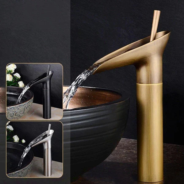 Sleek brass waterfall basin mixer tap, creating a serene waterfall experience.