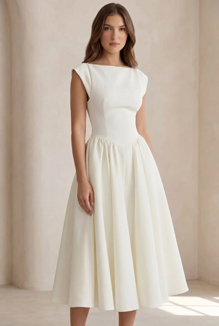 Professional women's cap sleeve midi dress for sophisticated office wear, business, and formal environments.
