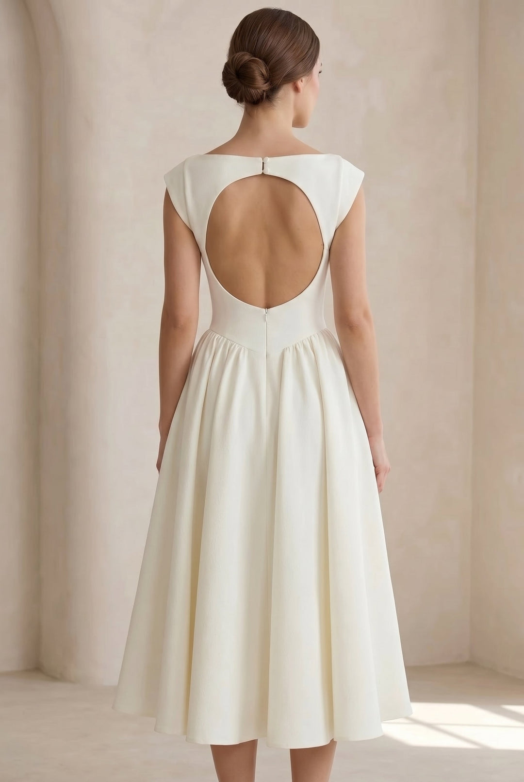 Versatile women's cap sleeve midi dress, perfect for sophisticated spring, summer, or autumn office wear.
