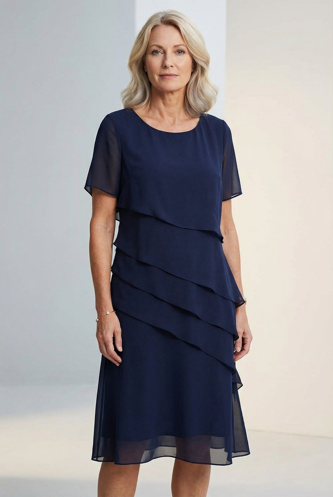 Elegant women's ruffled midi dress with flowing silhouette & sheer sleeves, perfect for spring/summer occasions.