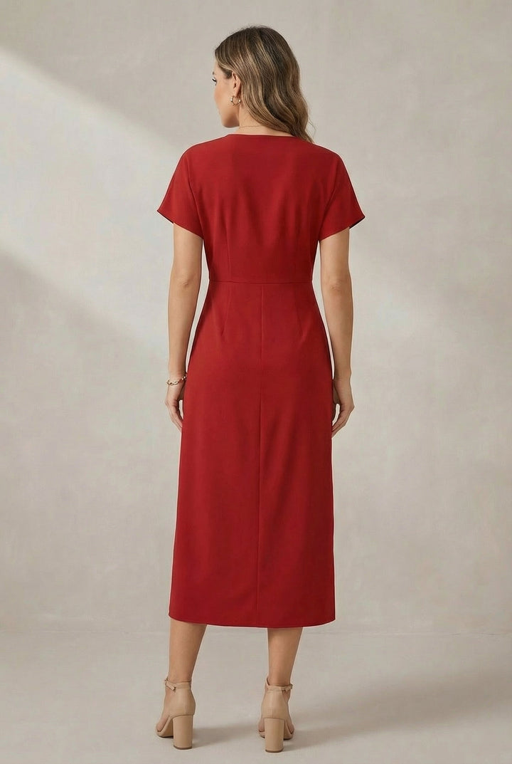 Comfortable women's V-neck midi dress, ideal for spring fashion & summer days.