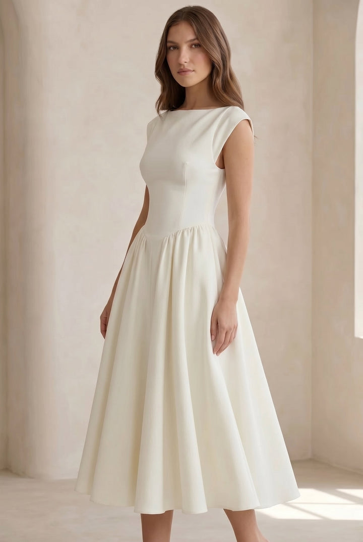 Chic women's cap sleeve midi dress, an elegant choice for spring & summer events or professional office attire.