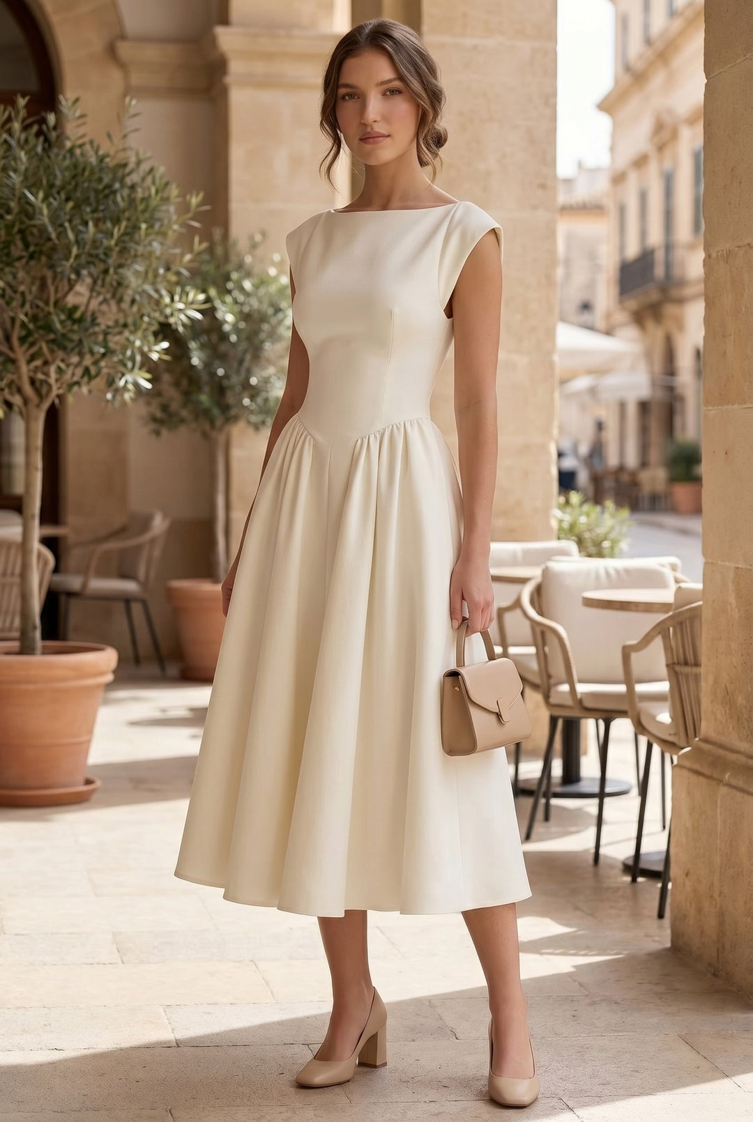 Elegant women's cap sleeve midi dress, a polished option for autumn formal wear, office, or versatile occasions.