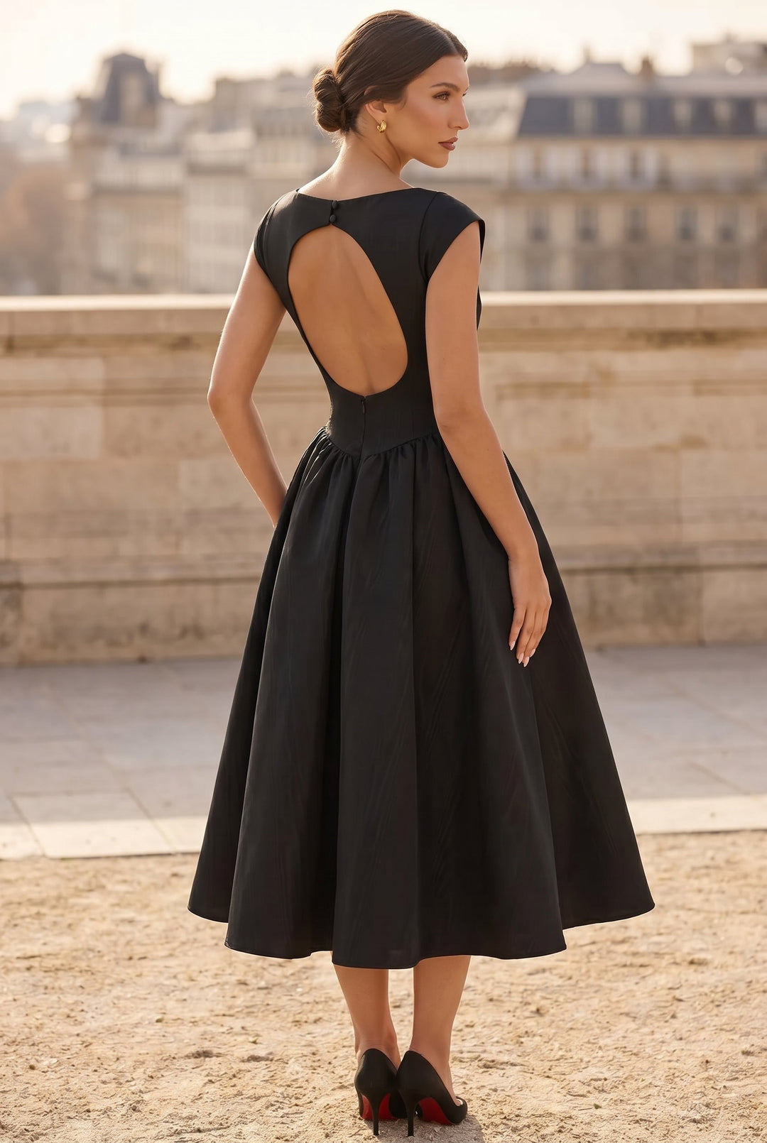 Sophisticated women's elegant cap sleeve midi dress, versatile for office, formal, and seasonal events.