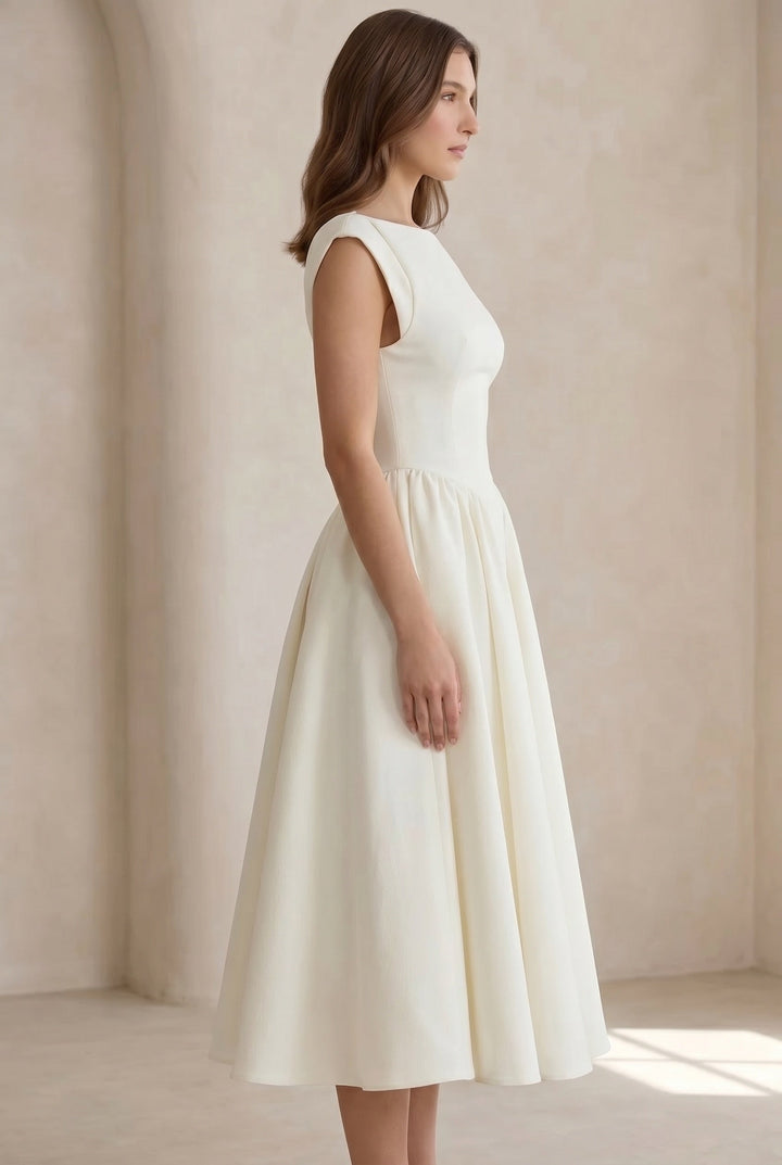 Elegant women's midi dress featuring stylish cap sleeves, suitable for office, formal events, or daily wear.