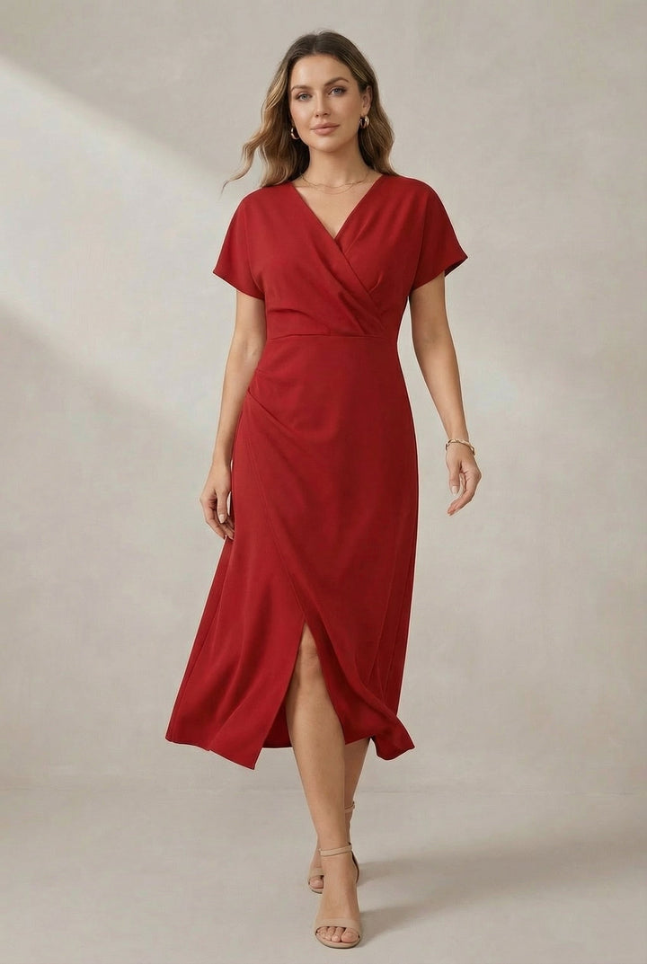 Flowing V-neck midi dress for women, offering modest and comfortable summer style.