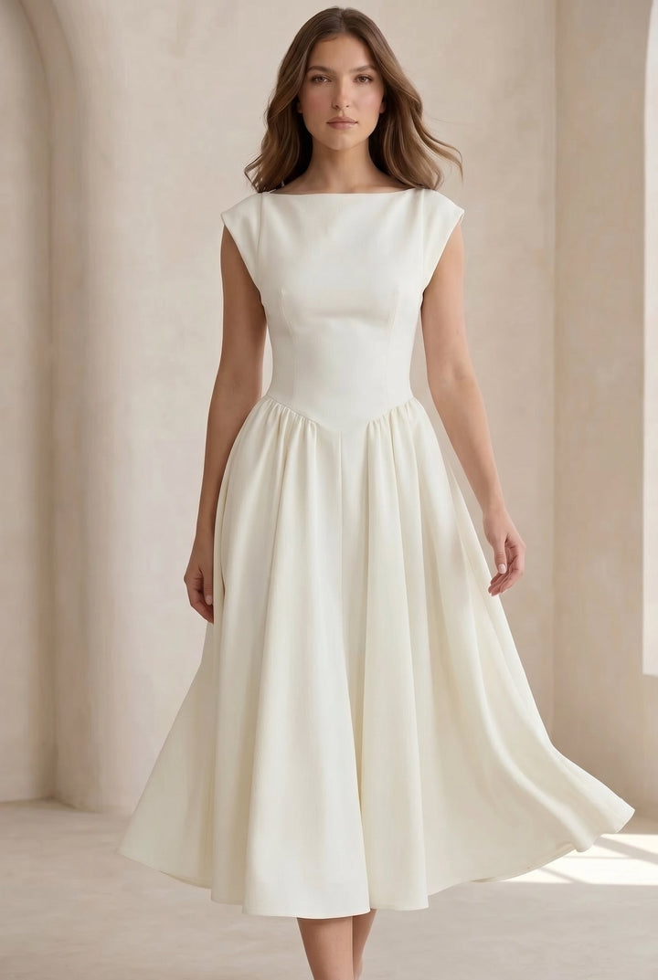 Elegant women's cap sleeve midi dress, ideal for formal events, office wear, or polished professional looks.