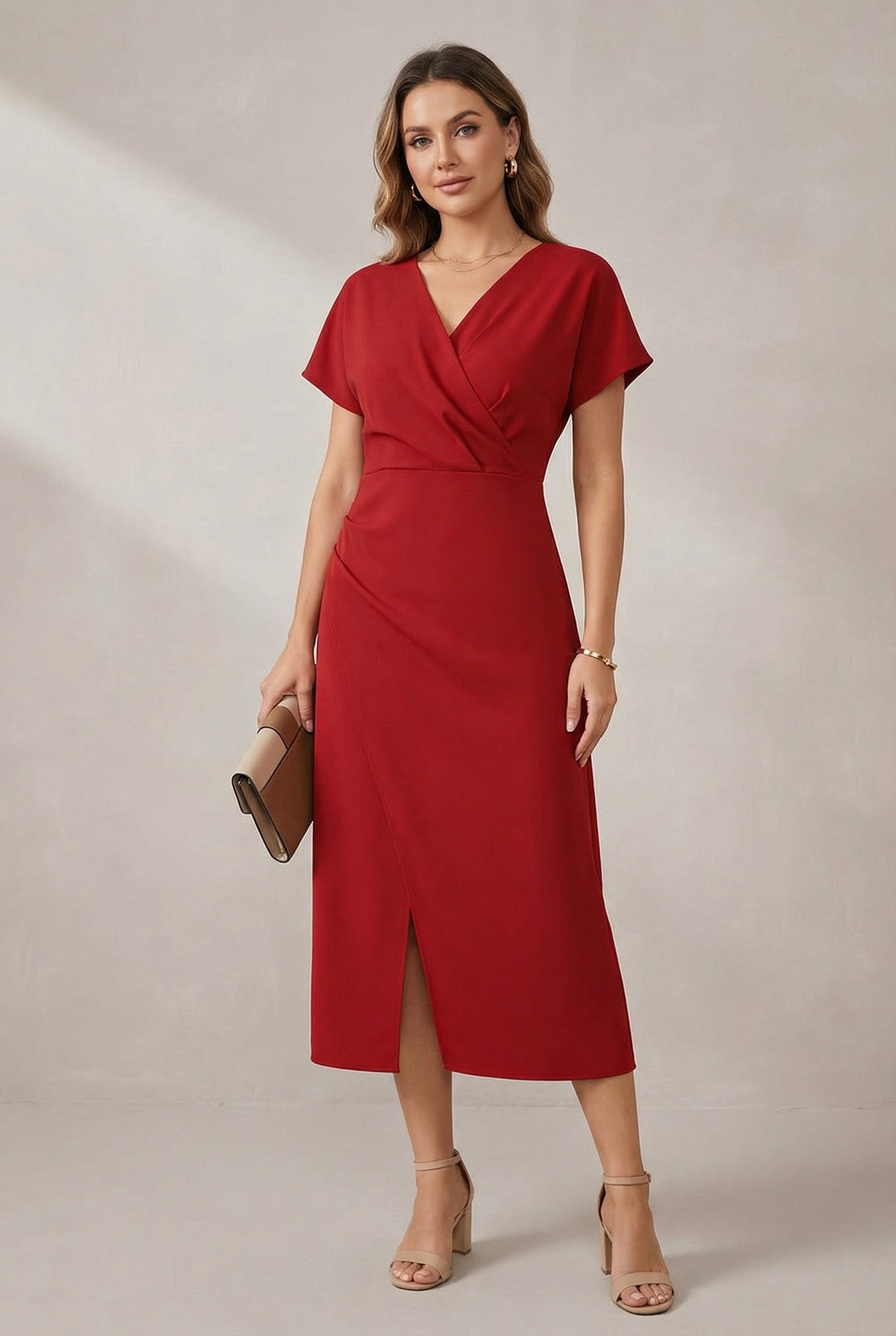 Women's relaxed V-neck midi dress, perfect for effortless casual elegant style.