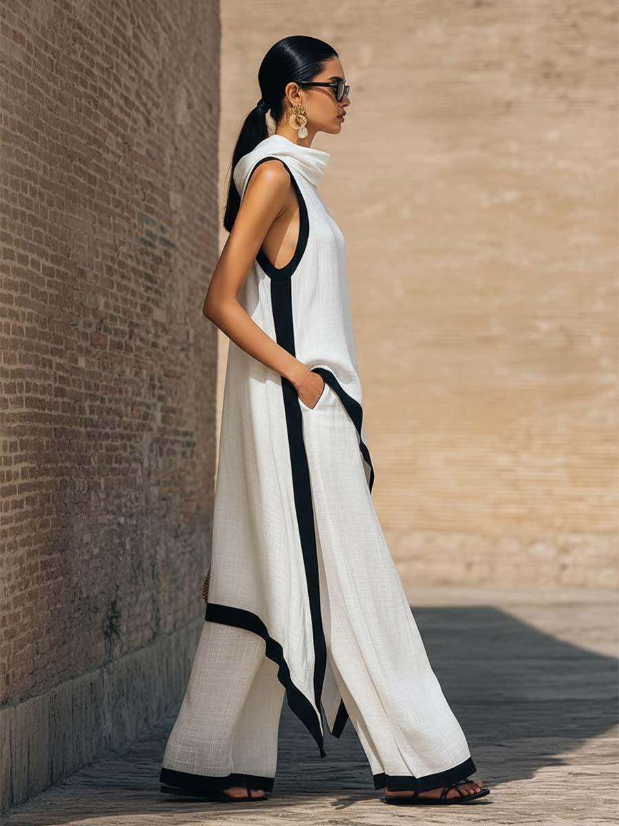 Chic women's two-piece outfit with an asymmetric top & flowy wide-leg cotton-linen pants. Elegant spring fashion.