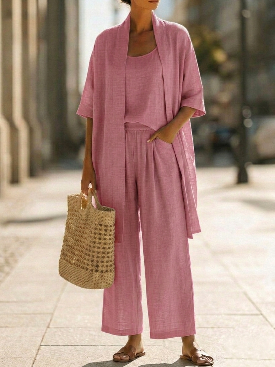 Stylish women's three-piece outfit, a comfortable and elegant fashion set for versatile casual chic looks.