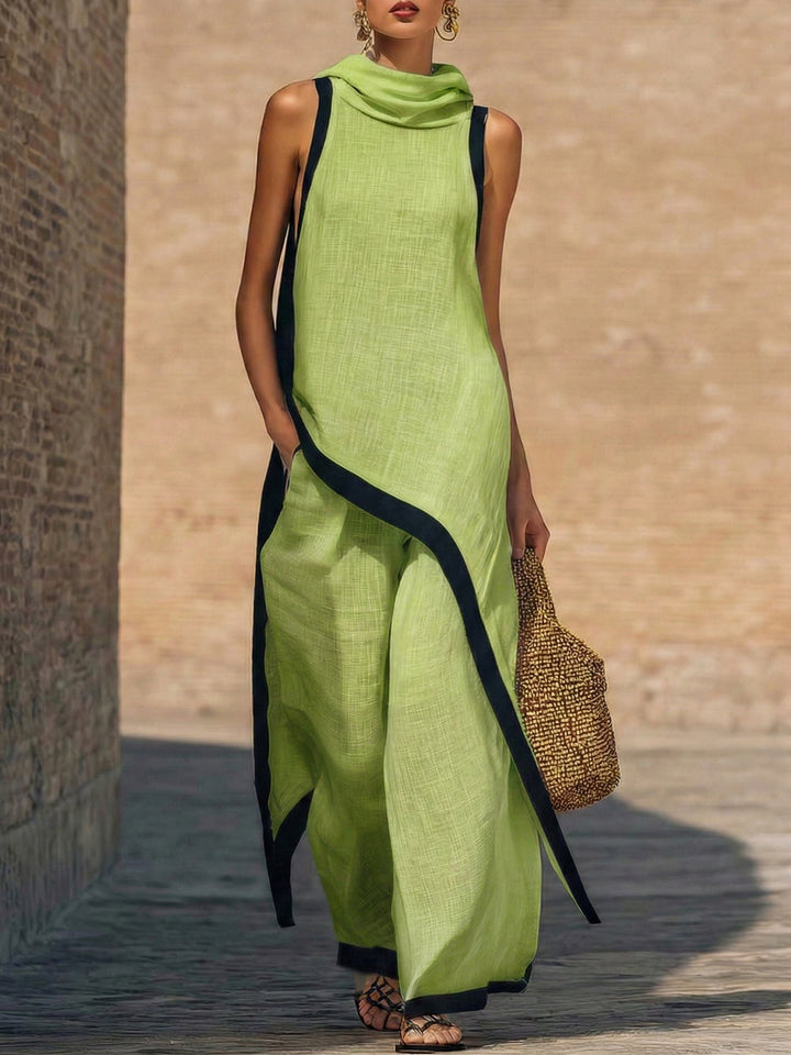 Versatile women's cotton-linen two-piece set with a chic asymmetric top & comfortable wide-leg pants for resort or casual.