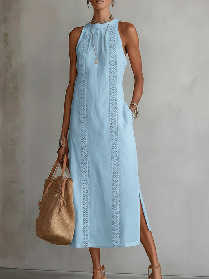 Comfortable women's summer midi dress, featuring an elegant mandarin collar & flowing fabric.