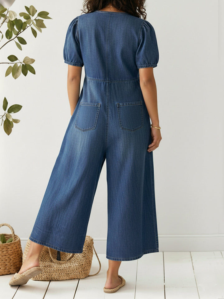 White sleeveless denim jumpsuit for women. Chic, comfortable, and an effortless choice for everyday summer fashion.