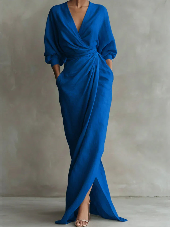 Comfortable loose fit women's V-neck dress with 3/4 sleeves. An elegant day dress for spring & summer fashion.