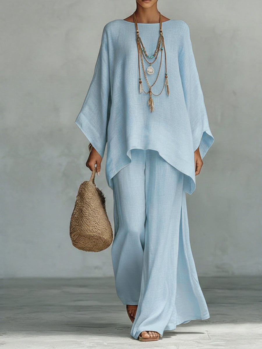 Comfortable linen wide sleeve trouser set for women. Stylish two-piece perfect for elegant casual summer wear.