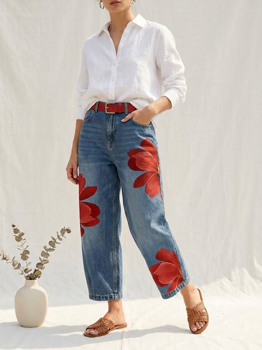 Women's high waist floral print trousers, straight leg & relaxed fit. Ideal for casual everyday style.