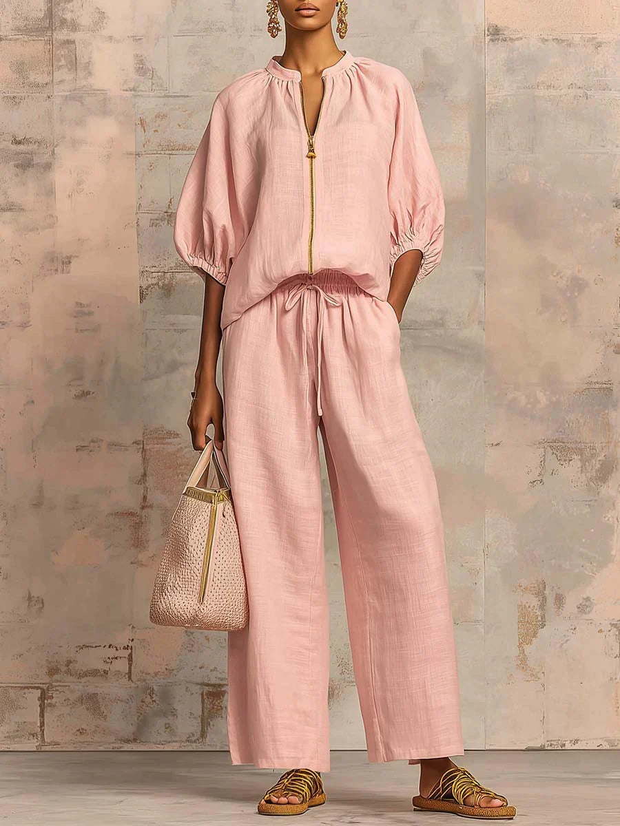 Relaxed fit women's set: a button-up shirt and flattering wide-leg trousers. Comfortable spring/summer versatile fashion.