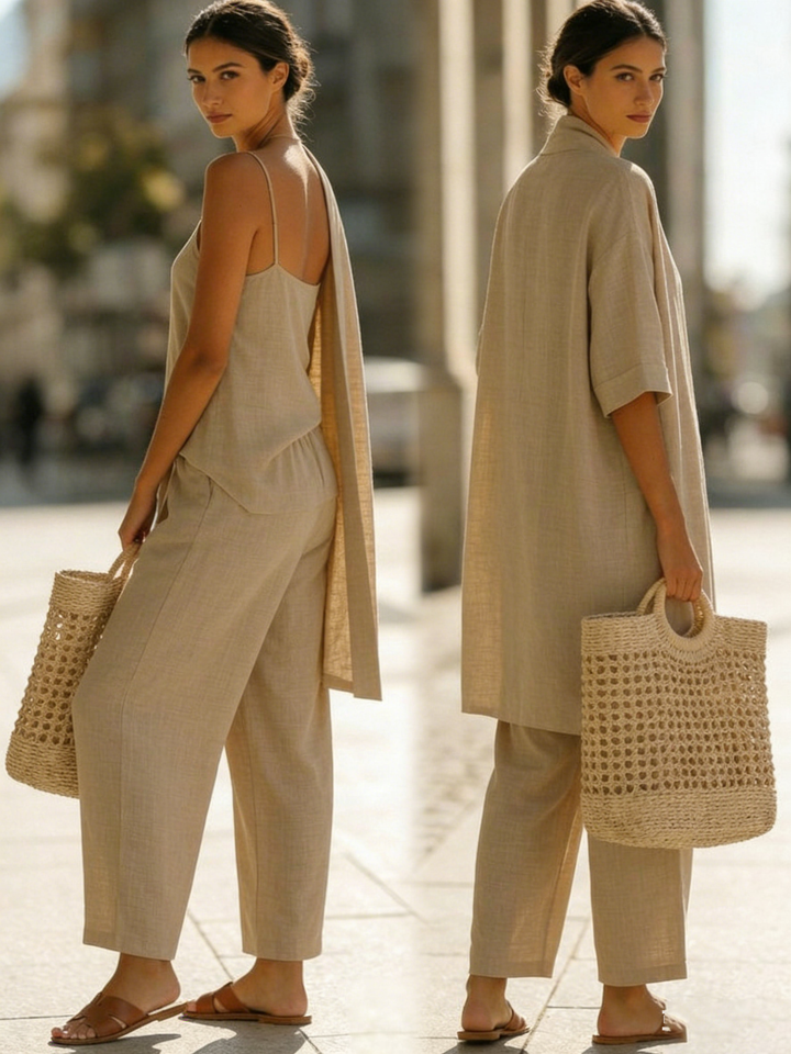 Chic women's three-piece set, perfect for elegant casual wear, versatile mix-and-match fashion, and travel.