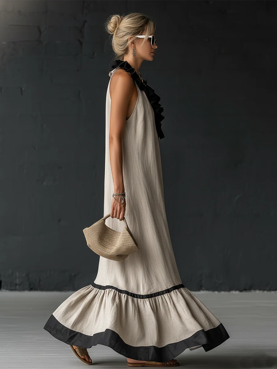 Chic color-block maxi dress for women with ruffles, great for vacation, beach, or summer parties.