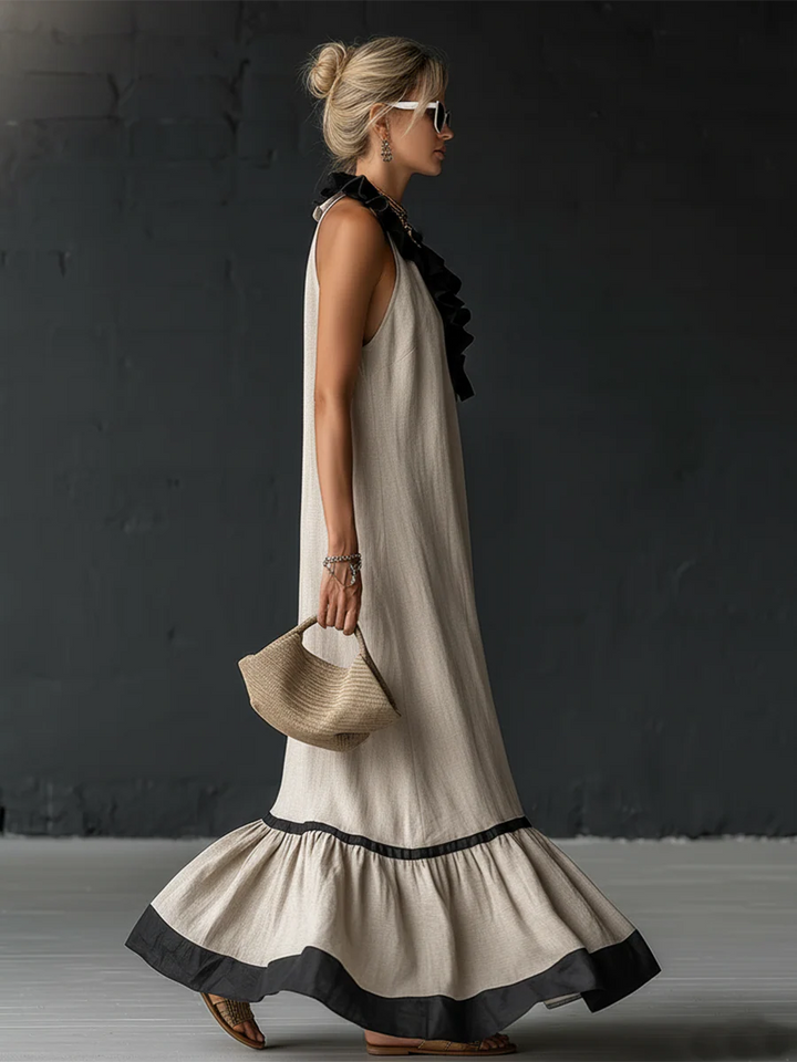 Chic color-block maxi dress for women with ruffles, great for vacation, beach, or summer parties.
