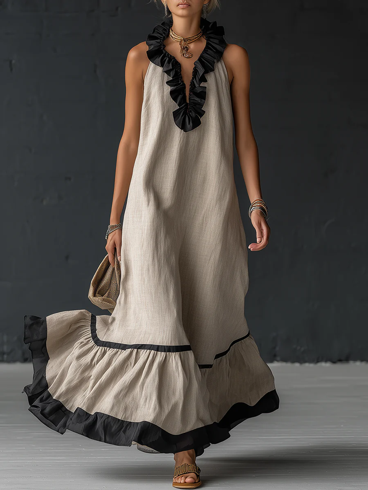 Women's graceful long ruffle maxi dress with chic color-block design, versatile for any event.