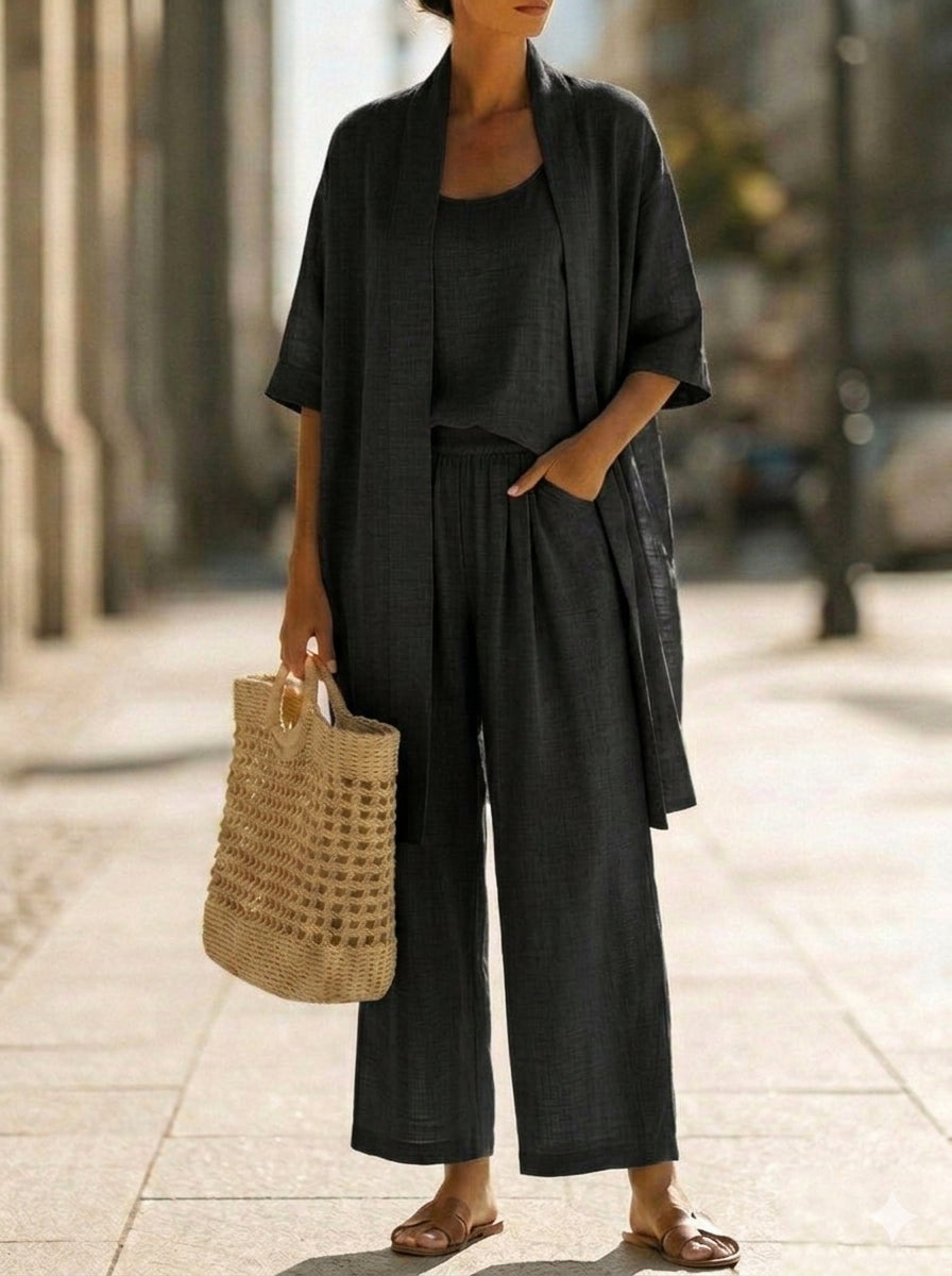 Relaxed fit women's three-piece set for ultimate comfort and elegant style. Perfect for loungewear & travel.