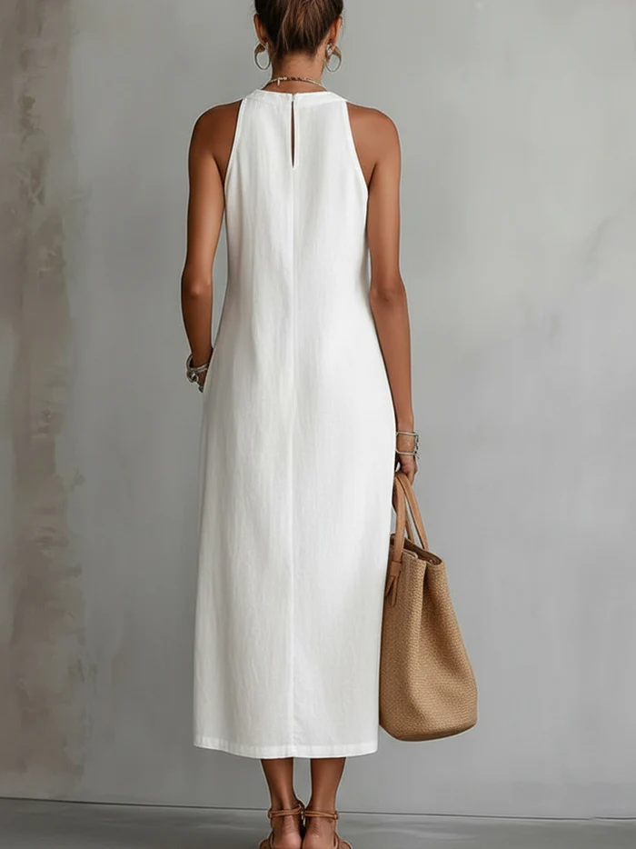 Modest women's midi dress with mandarin collar, stylish for casual summer wear.