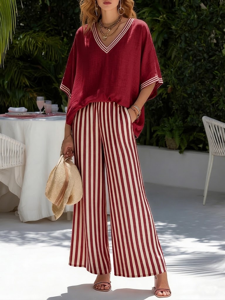 Women's stylish V-neck top & striped wide-leg pant set. Comfortable two-piece casual outfit for spring/summer.
