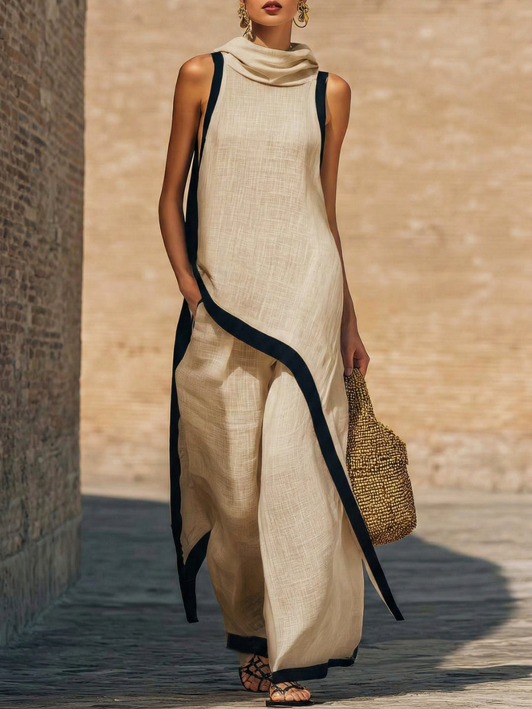 Women's cotton-linen two-piece set, featuring an asymmetric top & wide-leg pants. Stylish summer outfit.