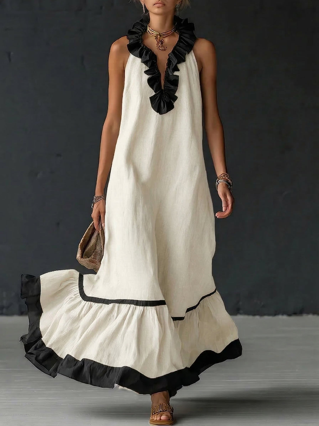 Comfortable yet elegant women's color-block ruffle maxi dress, offering a beautiful flowing style.