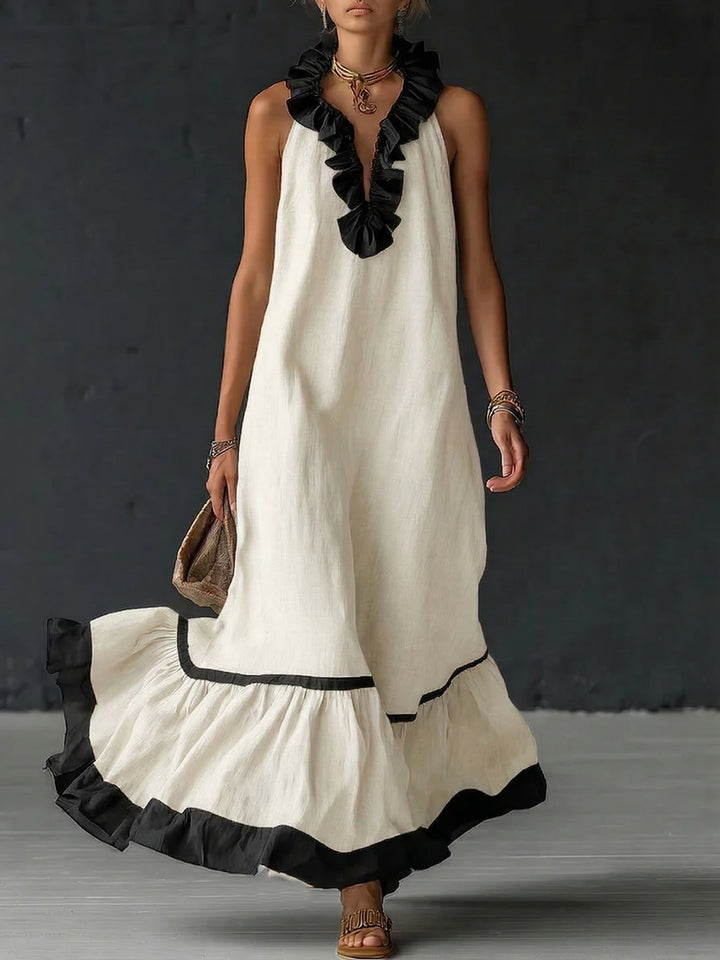 Comfortable yet elegant women's color-block ruffle maxi dress, offering a beautiful flowing style.