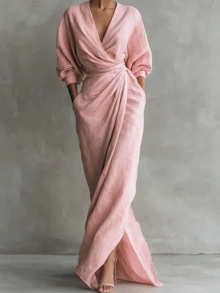 Elegant V-neck women's dress with 3/4 sleeves, perfect for casual spring and summer wear. Comfortable & versatile.