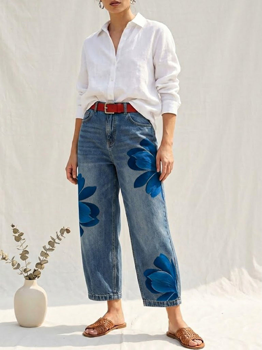Everyday fashion women's high-waist pants with a unique floral print and comfortable straight leg.