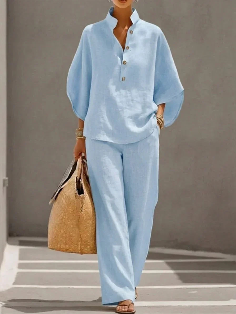Summer fashion: Women's linen batwing top. Loose fit & breathable, paired with wide leg trousers.