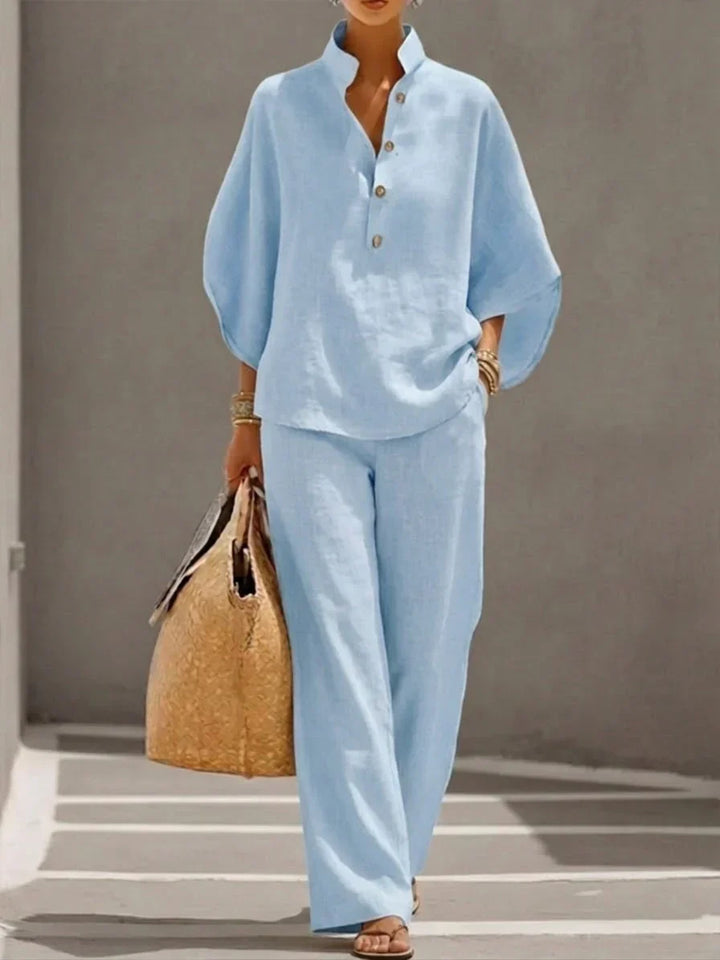 Summer fashion: Women's linen batwing top. Loose fit & breathable, paired with wide leg trousers.